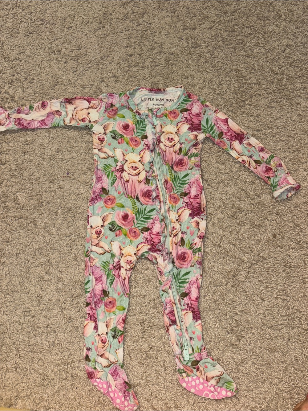 Little Bum Bum Mint & Pink Floral Zip Footed One-Piece